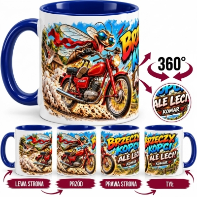 Kubek biało-niebieski Brzęczy Kopci Ale Leci Komar Niebieski Ucho PRL330ml