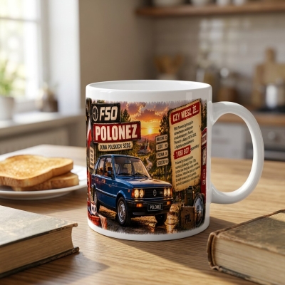 Kubek Biały ceramiczny FSO Polonez Duma Polskich Szos PRL 330 ml