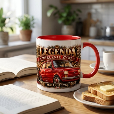 Kubek Biało-czerwony motyw samochód Maluch 126p Legenda PRL 330 ml