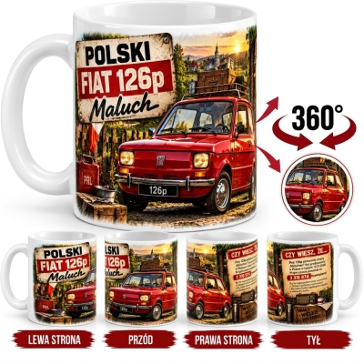 Kubek Biały Maluch Mały Samochód Wielkie Historie, Auta PRL