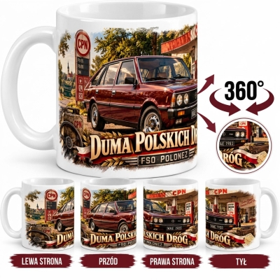 Kubek Ceramiczny biały PRL FSO Polonez Duma Polskich Dróg 330 ml
