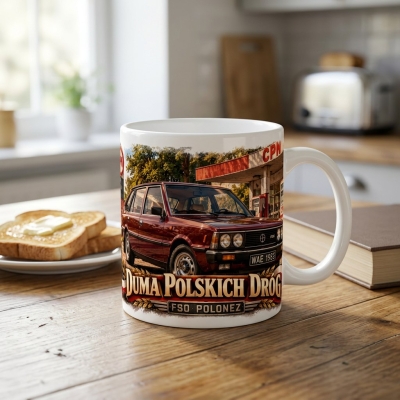 Kubek Ceramiczny biały PRL FSO Polonez Duma Polskich Dróg 330 ml