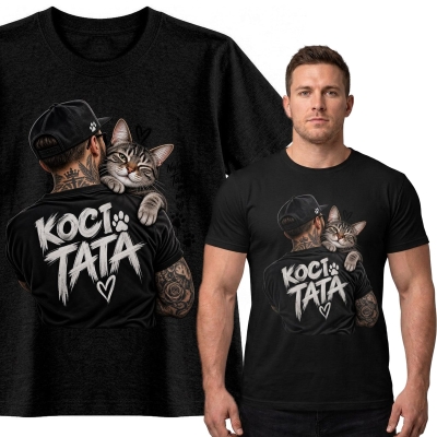 Koszulka Męska Czarna Koci Tata 2 T-Shirt z Nadrukiem Kota