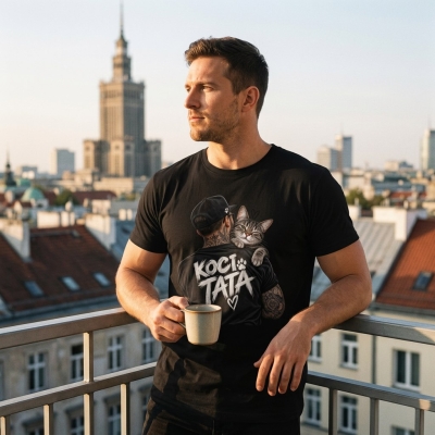 Koszulka Męska Czarna Koci Tata 2 T-Shirt z Nadrukiem Kota