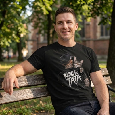 Koszulka Męska Czarna Koci Tata 2 T-Shirt z Nadrukiem Kota