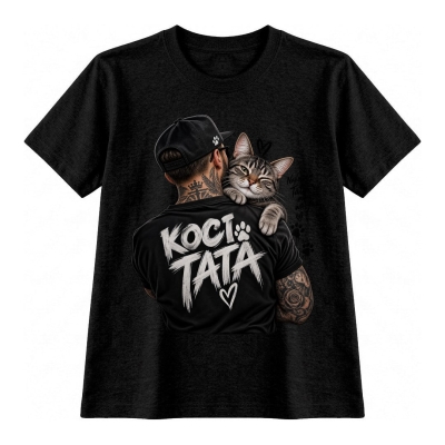 Koszulka Męska Czarna Koci Tata 2 T-Shirt z Nadrukiem Kota