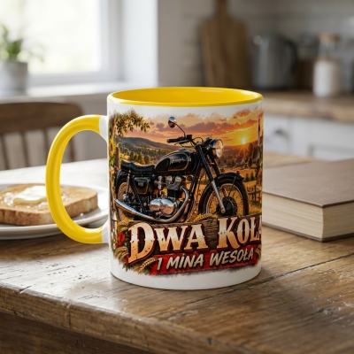 Kubek Żółty Motocykl Dwa Koła Jedna Mina Wesoła PRL 330ml