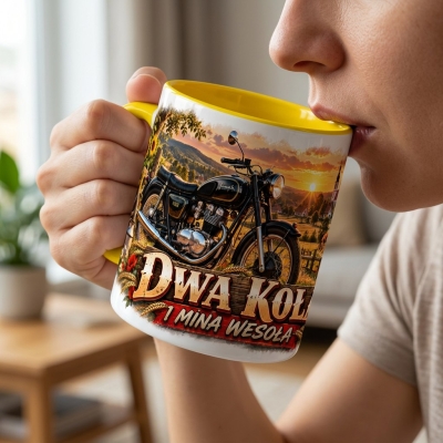 Kubek Żółty Motocykl Dwa Koła Jedna Mina Wesoła PRL 330ml