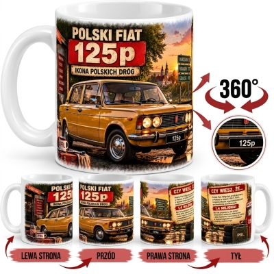 Kubek Biały Polski Fiat 125p o Zachodzie Słońca, Auta PRL
