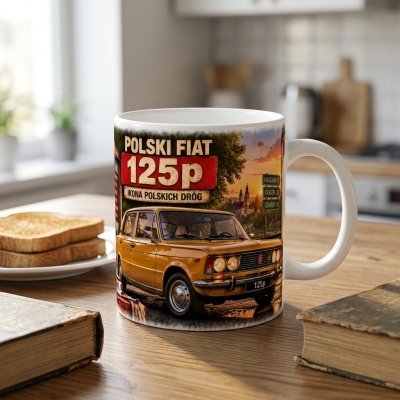 Kubek Biały Polski Fiat 125p o Zachodzie Słońca, Auta PRL