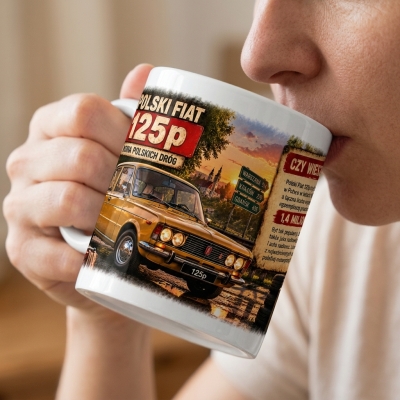Kubek Biały Polski Fiat 125p o Zachodzie Słońca, Auta PRL