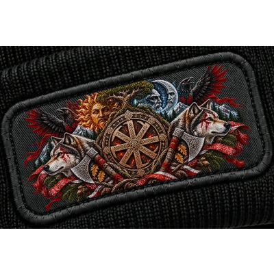 Czapka zimowa czarna z naszywką słowiańską emblemat słońca i księżyca