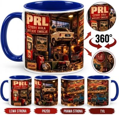 Kubek Biało-Niebieski Nostalgiczny Garaż PRL Pełen Klasyków, Auta PRL
