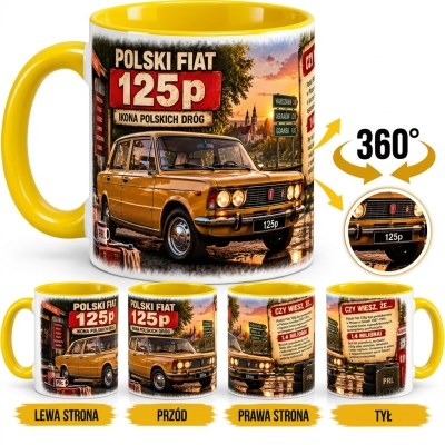 Kubek Biało-Żółty Polski Fiat 125p o Zachodzie słońca, Auta PRL