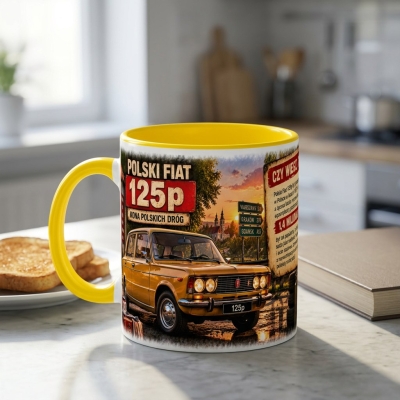 Kubek Biało-Żółty Polski Fiat 125p o Zachodzie słońca, Auta PRL