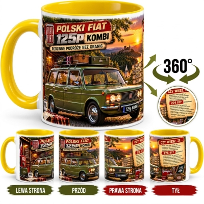Kubek Biało -Żółty Polski Fiat 125p Kombi -Wakacje PRL, Auta PRL