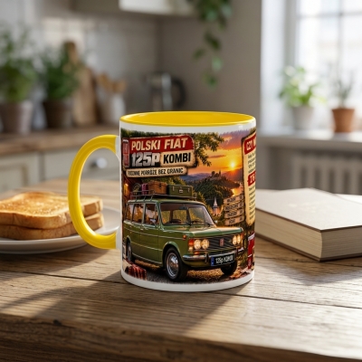 Kubek Biało -Żółty Polski Fiat 125p Kombi -Wakacje PRL, Auta PRL