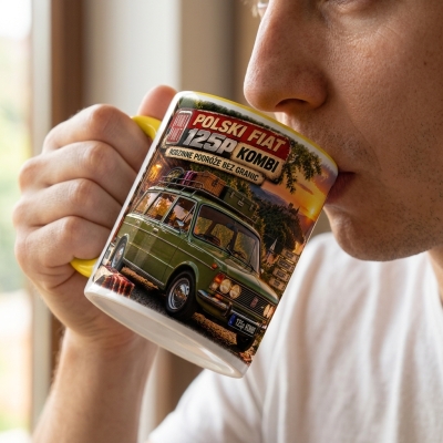 Kubek Biało -Żółty Polski Fiat 125p Kombi -Wakacje PRL, Auta PRL
