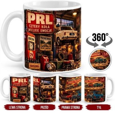 Kubek Biały Nostalgiczny Garaż PRL Pełen Klasyków, Auta PRL