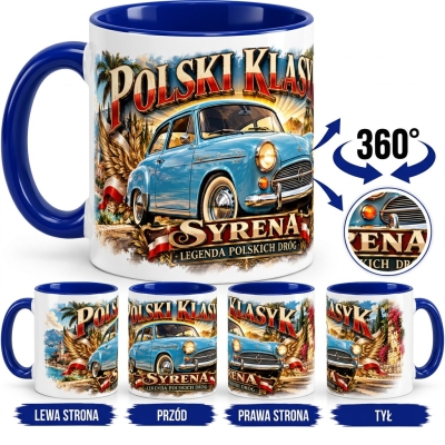 Kubek Biało-Niebieski Syrenka Legenda Polskich dróg,Auta PRL