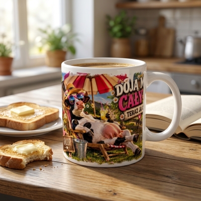 Kubek biały Doją Mnie Cały Rok Krowa Na Urlopie 330 ml