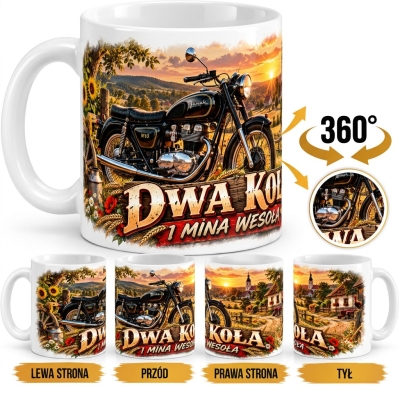 Kubek Biały Dwa Koła Jedna Mina Wesoła Motocykl Junak M10 PRL 330 ml