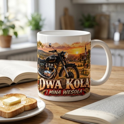 Kubek Biały Dwa Koła Jedna Mina Wesoła Motocykl Junak M10 PRL 330 ml