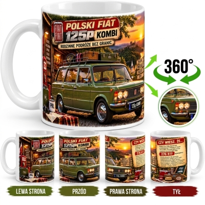 Kubek Biały Polski Fiat 125p Kombi -Wakacje PRL, Auta PRL