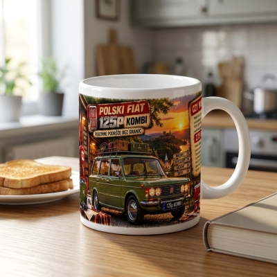 Kubek Biały Polski Fiat 125p Kombi -Wakacje PRL, Auta PRL
