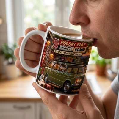 Kubek Biały Polski Fiat 125p Kombi -Wakacje PRL, Auta PRL