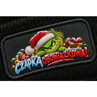Czapka zimowa z naszywką czapka obowiązkowa śmieszna na święta czarna