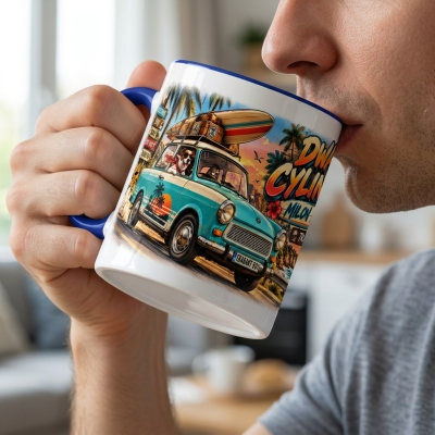 Kubek Biało-Niebieski Trabant 2 Cylindry, Auta PRL